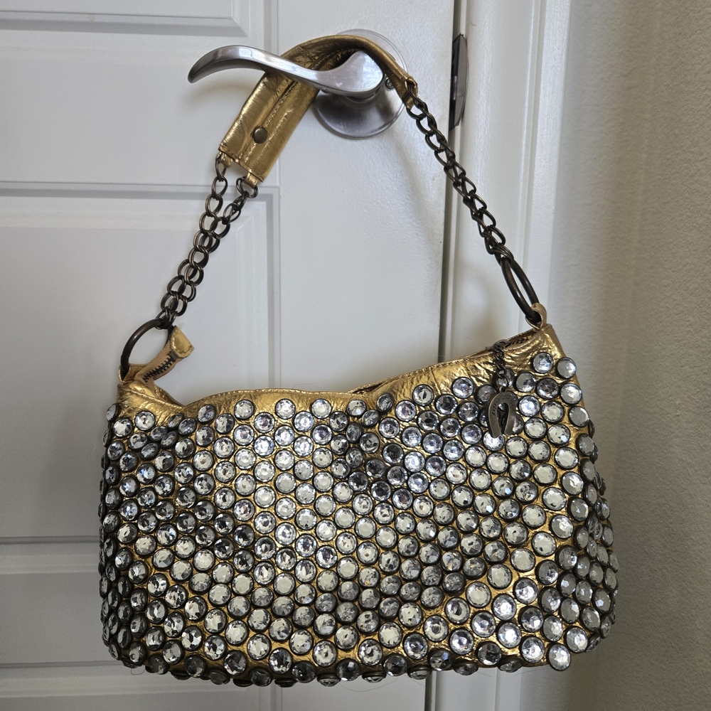 Betsey Johnson Gold Leather Rhinestone Bling Embellished Women's Bag